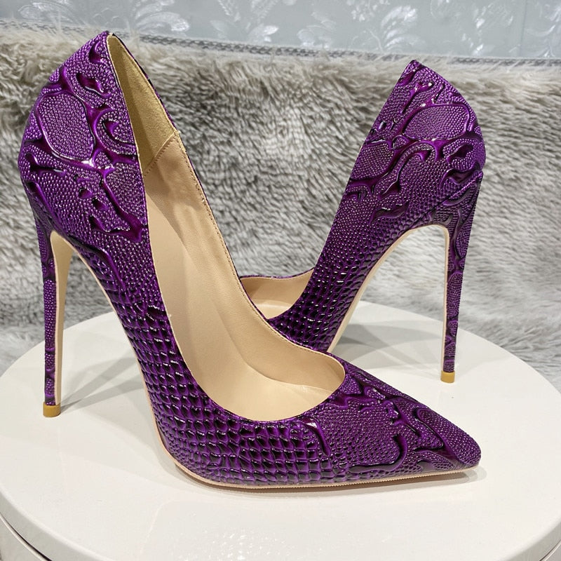 Tikicup Purple Embossed Crocodile Pointy Toe High Heels