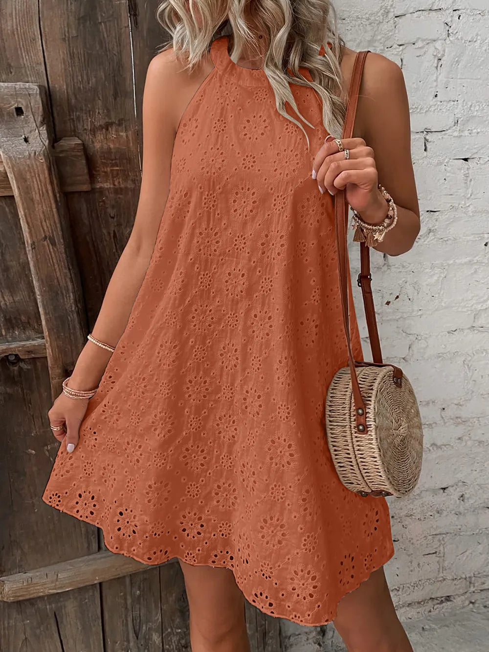 Eyelet Grecian Neck Halter Dress