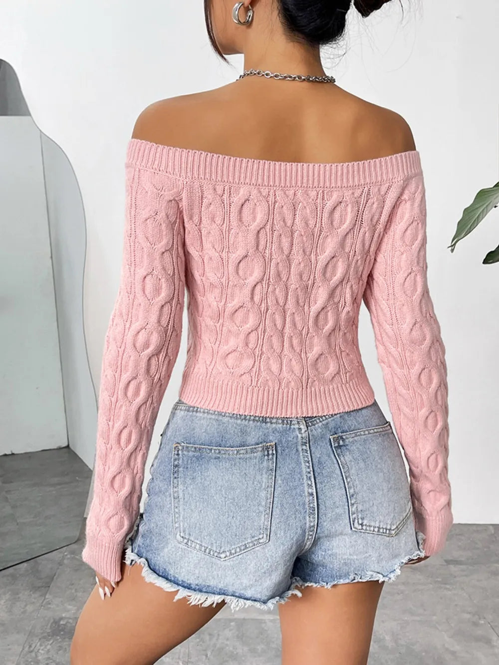 Cable-Knit Off-Shoulder Long Sleeve Knit Sweater
