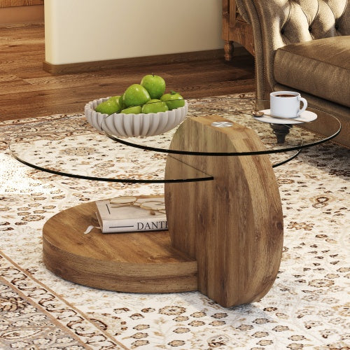 Double-layer Round Glass Coffee Table with Wood MDF Table Legs