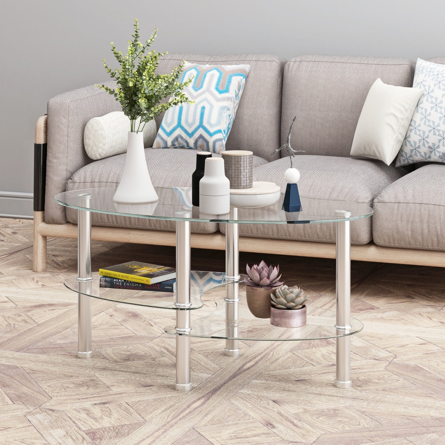 3-Layer Transparent Oval Glass Coffee Table with Stainless Steel Leg