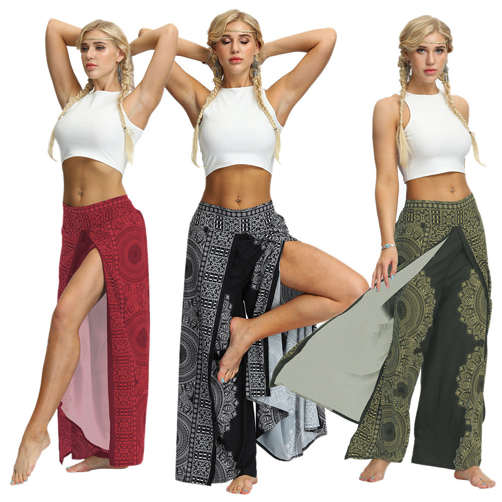 Breathable Print Loose Slit Wide Leg Pants