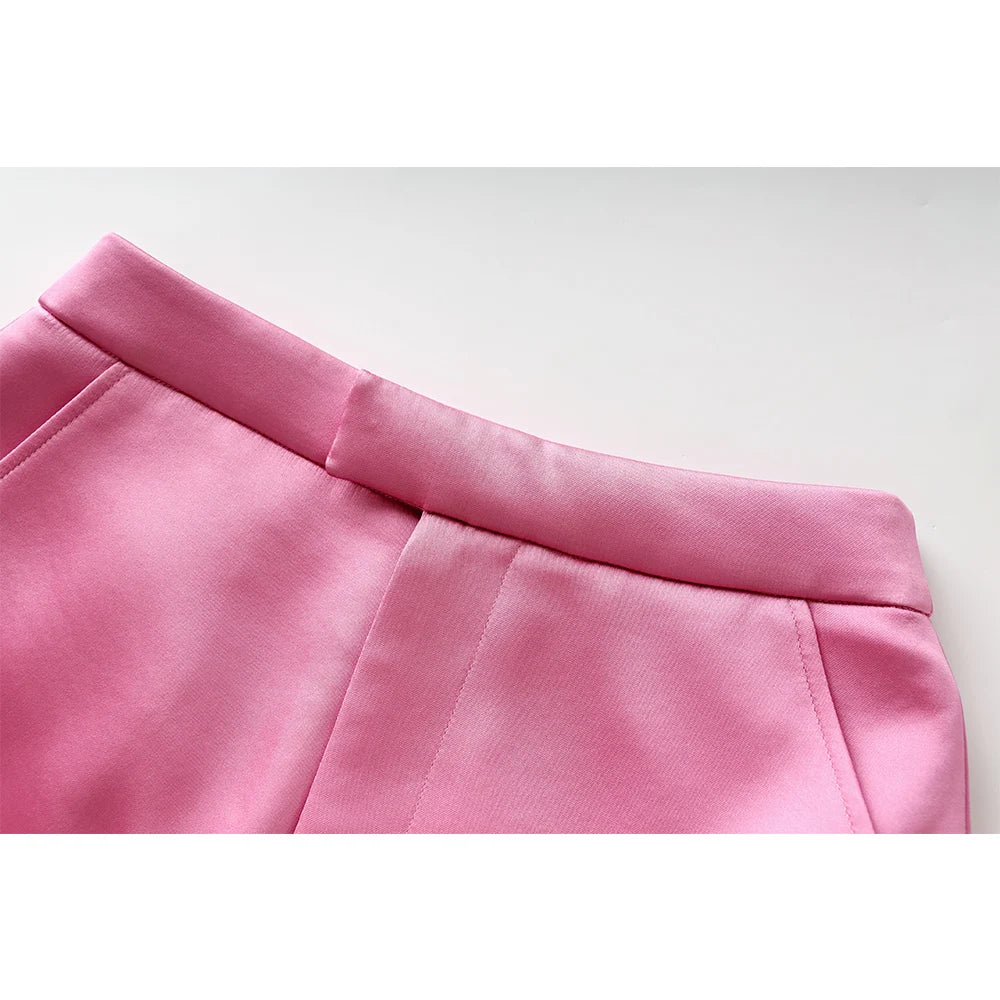 Pink Satin 3PCS Blazer Mini Skirt Set