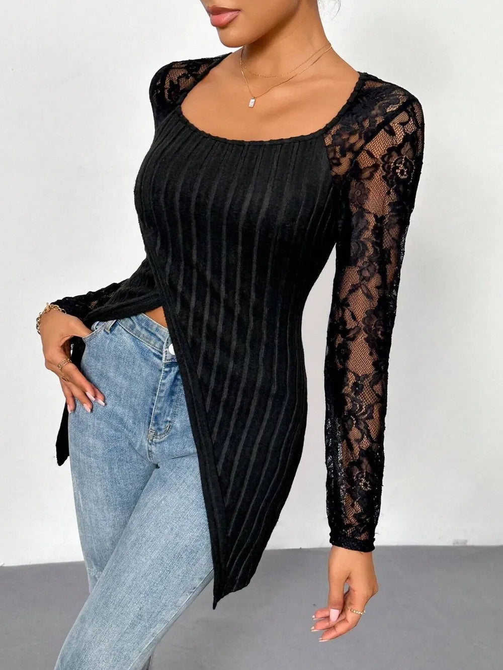 Square Neck Lace Patchwork Long Sleeve Shirt