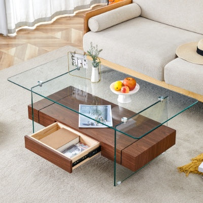 Two-Tier Coffee Table - Clear Tempered Glass And Black Marble Texture