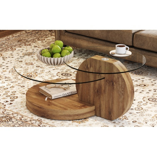 Double-layer Round Glass Coffee Table with Wood MDF Table Legs