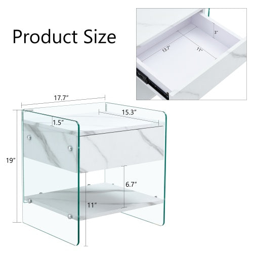 Bedside Table With Drawers. Marble Print MDF Sticker with Transparent Tempered Glass