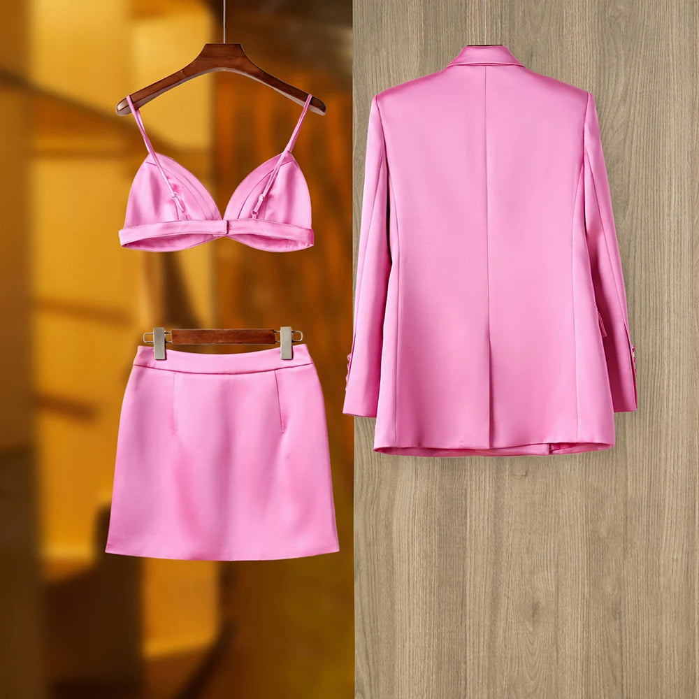 Pink Satin 3PCS Blazer Mini Skirt Set