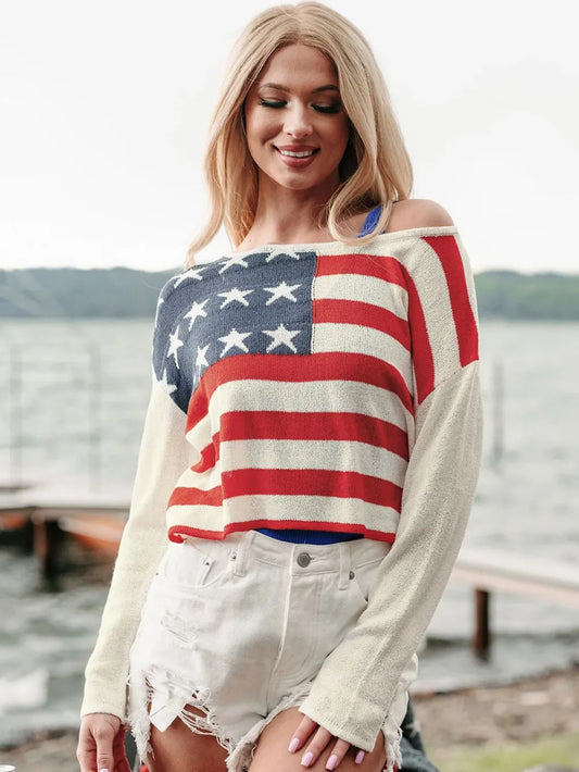 US Flag Boat Neck Long Sleeve Knit Blouse