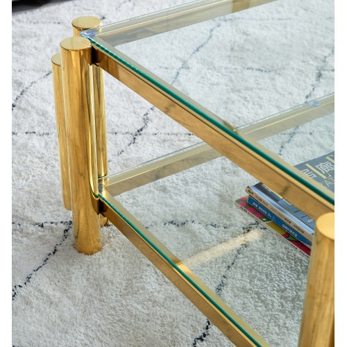 Stainless Steel Coffee Table with Double-Layer Clear Tempered Glass