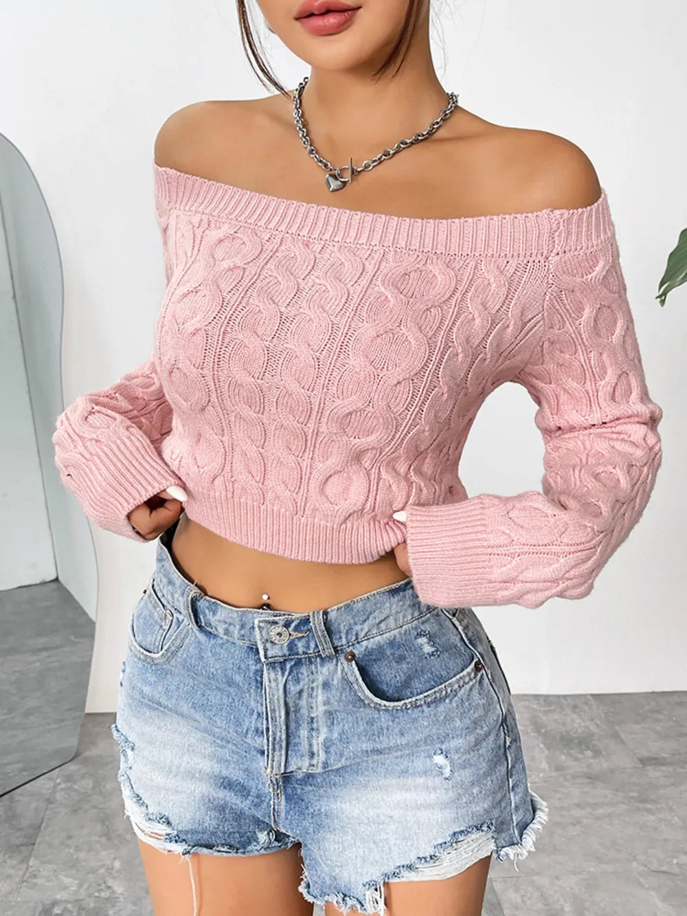 Cable-Knit Off-Shoulder Long Sleeve Knit Sweater