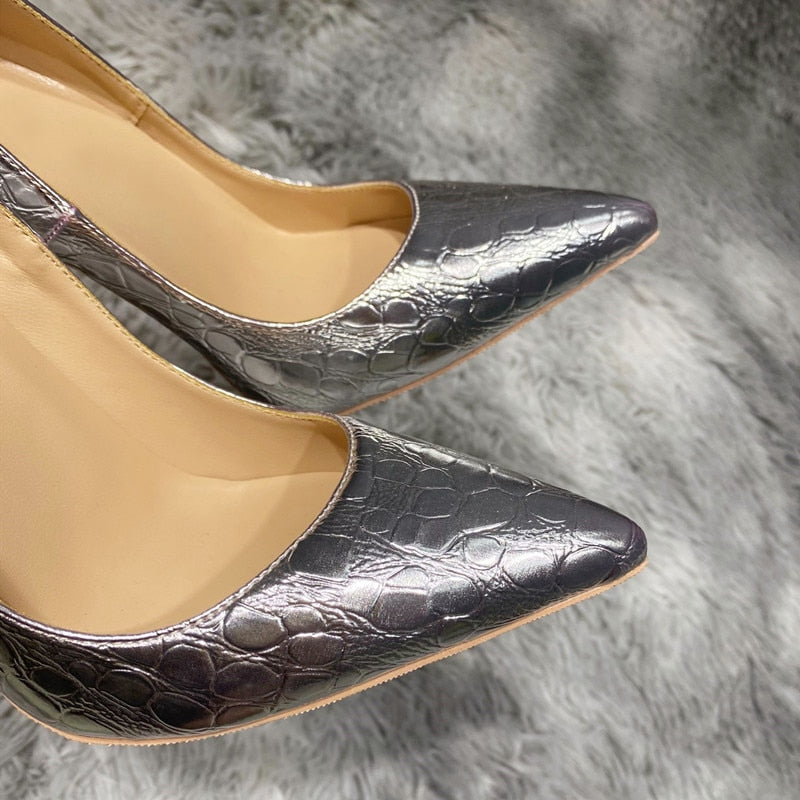 Silver Crocodile-Effect Pointed Toe High Heels