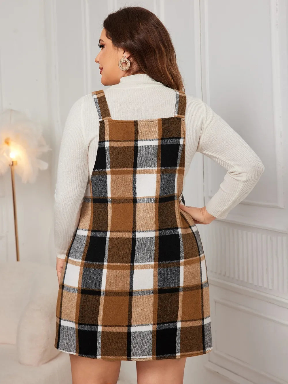 Plaid Wide Strap Overall Dress - Plus Size