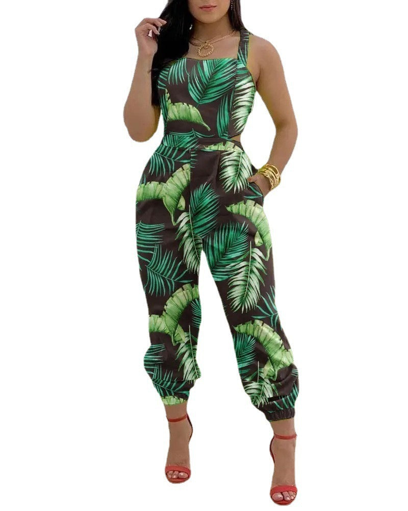 Open Back Cross Lace Up Bow Print Jumpsuit