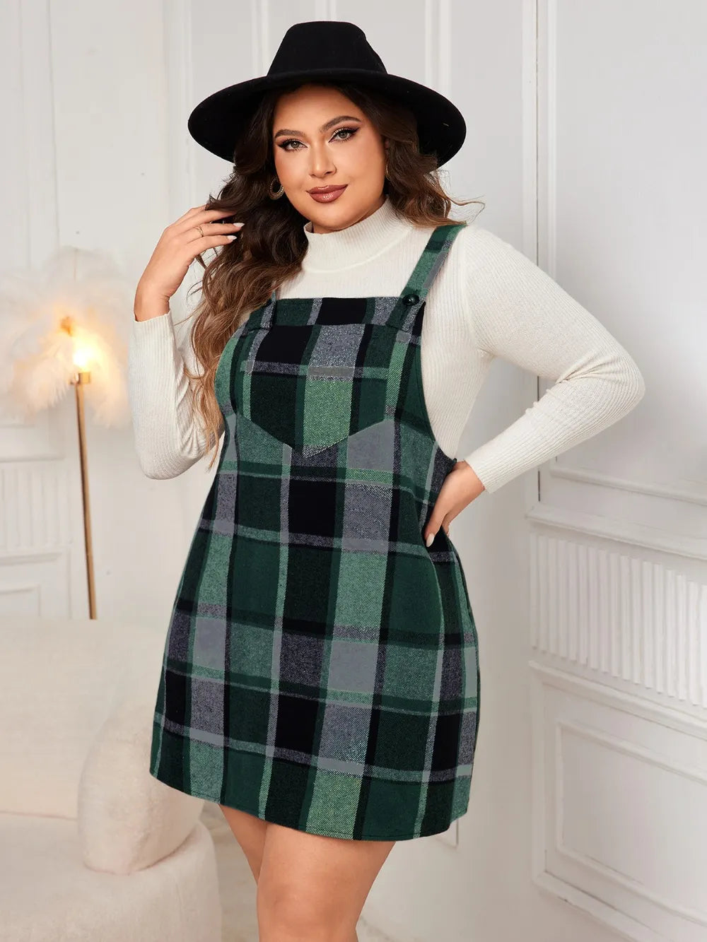 Plaid Wide Strap Overall Dress - Plus Size