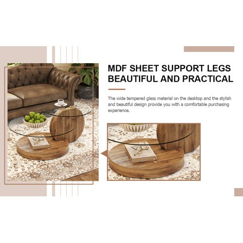 Double-layer Round Glass Coffee Table with Wood MDF Table Legs