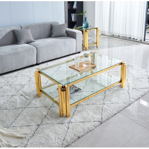 Stainless Steel Coffee Table with Double-Layer Clear Tempered Glass