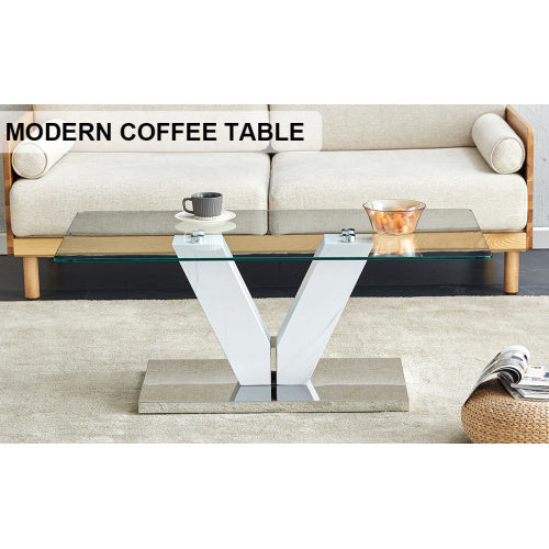 Modern Minimalist Coffee Table - Transparent Tempered Glass Tabletop With Silver MDF Pillars