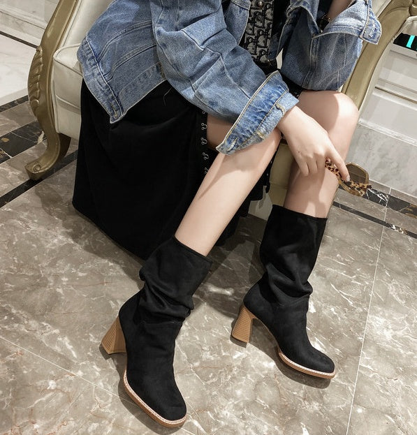 Block Heel Square Toe High Heel Boots