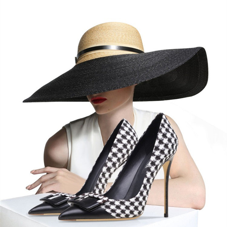 Checkered Thin Heel Pointed Shallow Mouth High Heels