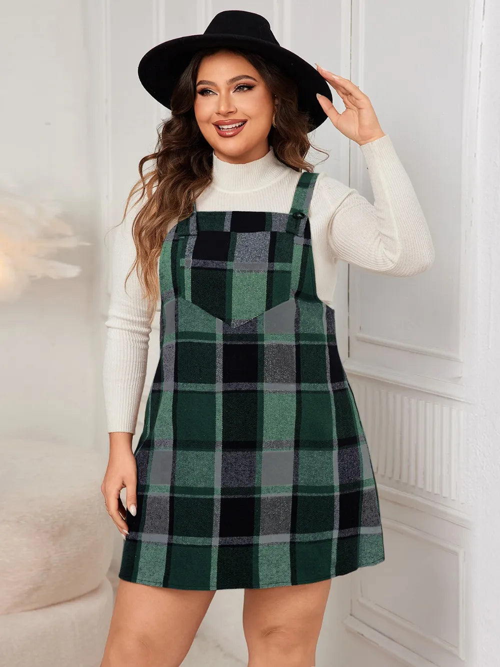 Plaid Wide Strap Overall Dress - Plus Size