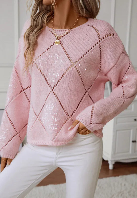 Diamond Grid Sequin Knitted Sweater