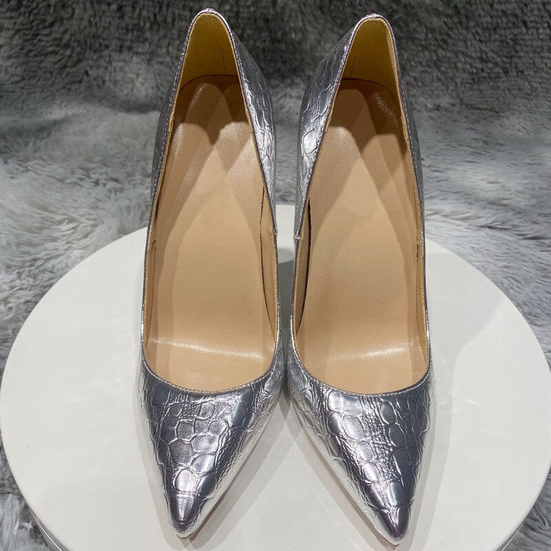 Silver Crocodile-Effect Pointed Toe High Heels