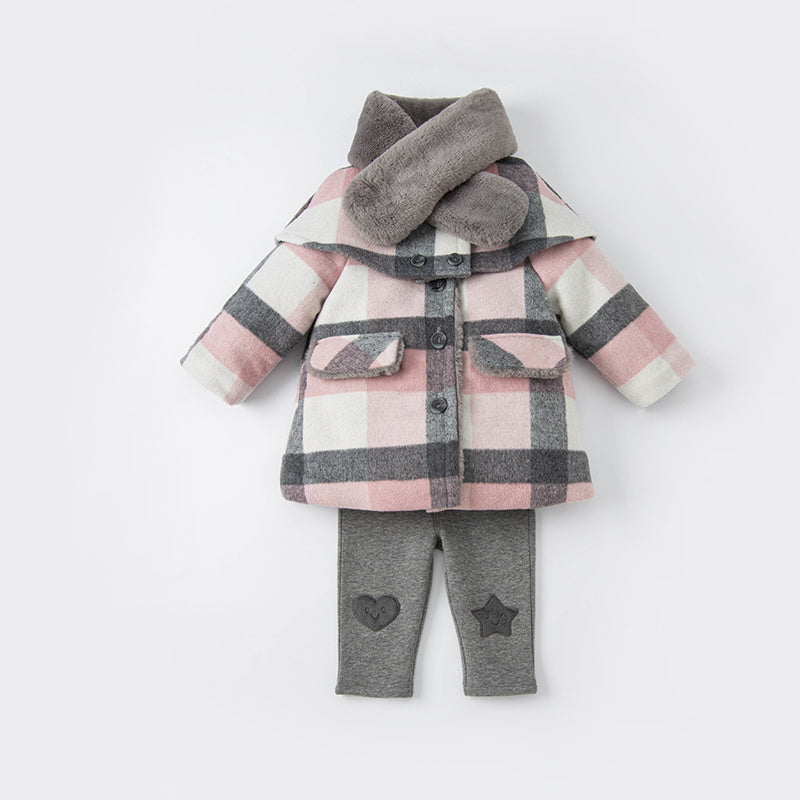 Mid-length Plaid Wool Scarf Jacket 3-Piece Outfit