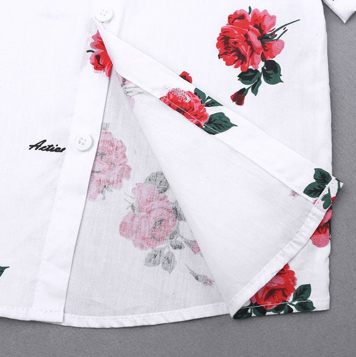 Flower Short Sleeve Button Down Shirt With Red Shorts 2pcs