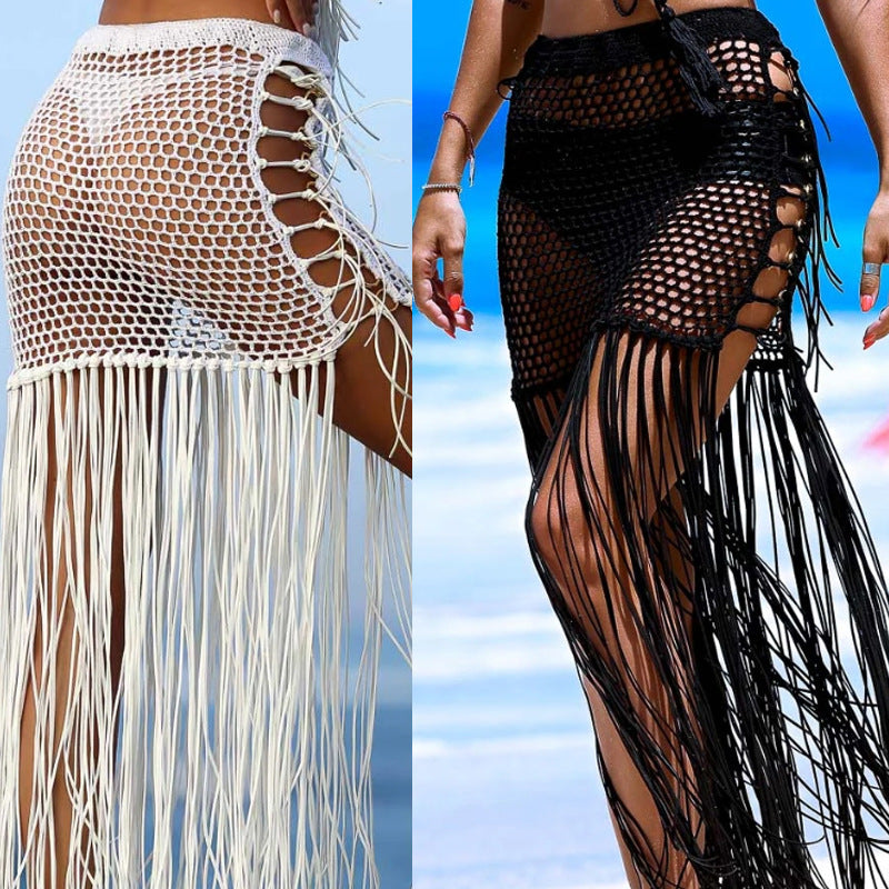 Woven Hip Skirt with Hollowed out Long Tassel Cover Up