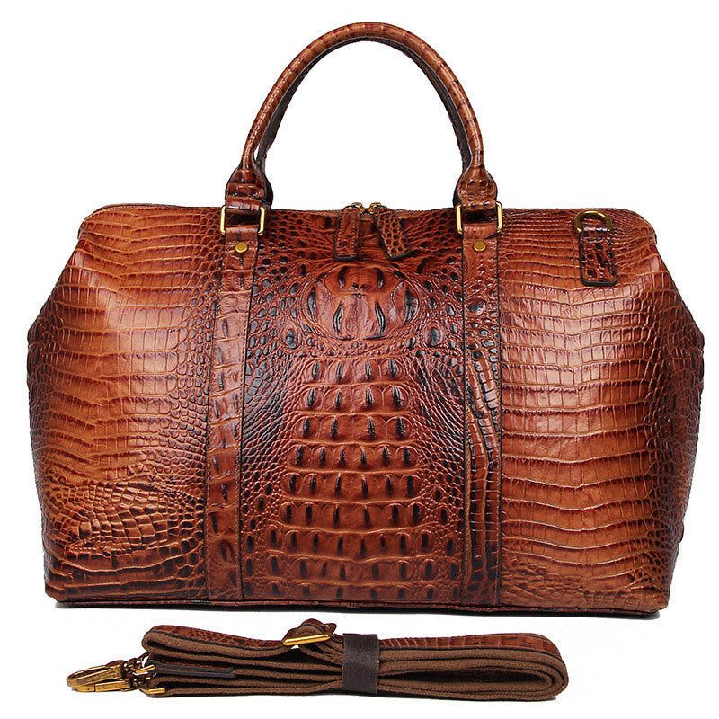 Croc Print Leather Travel Duffle Bag