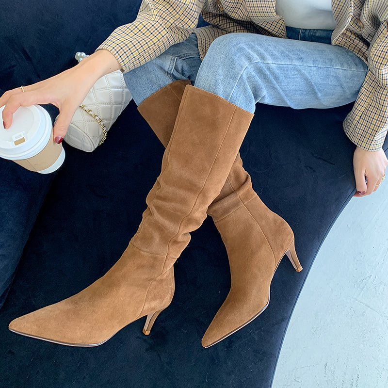French Suede Brown Stiletto Boots