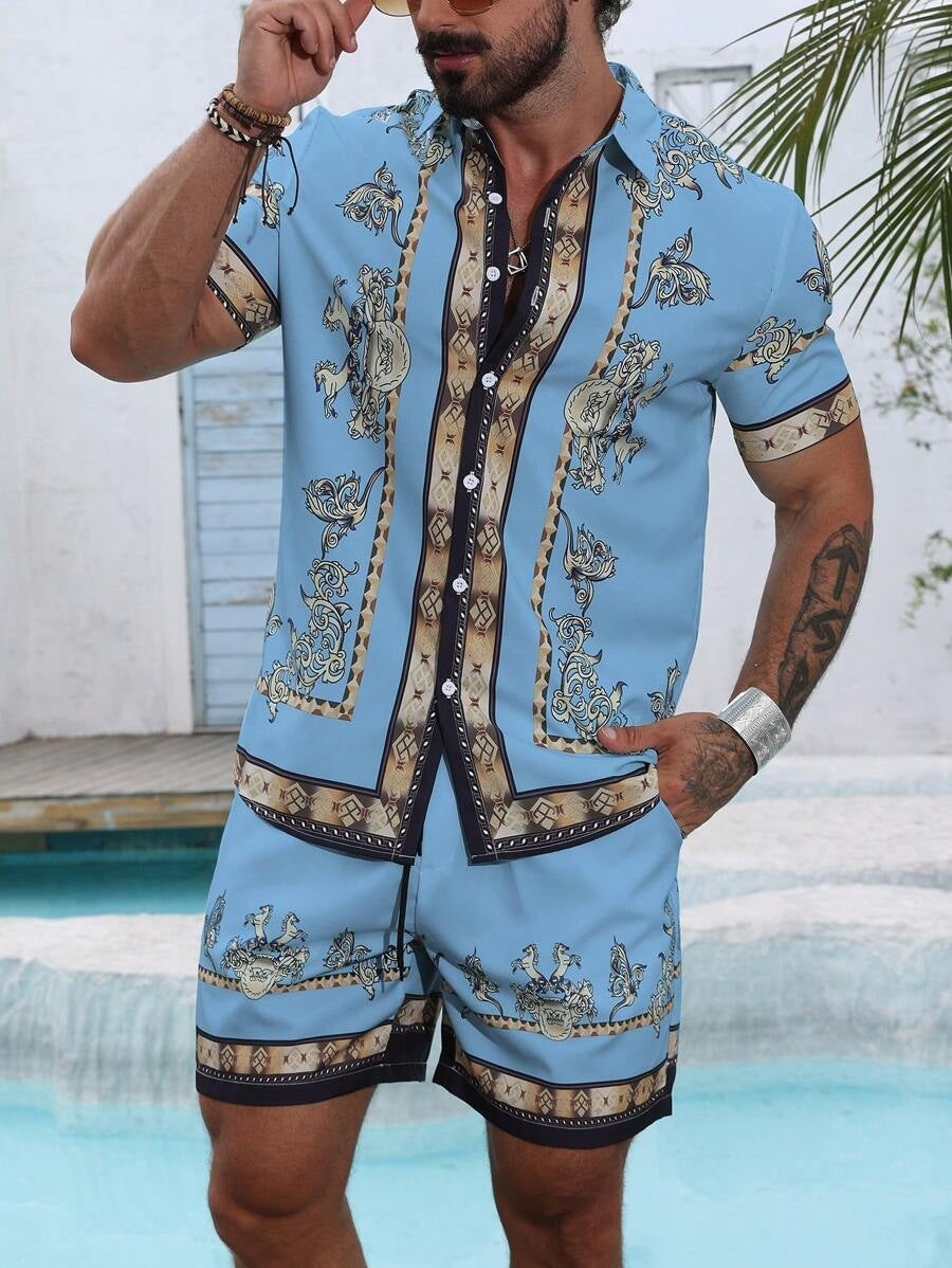 Digital Print Loose Shirt Shorts Set