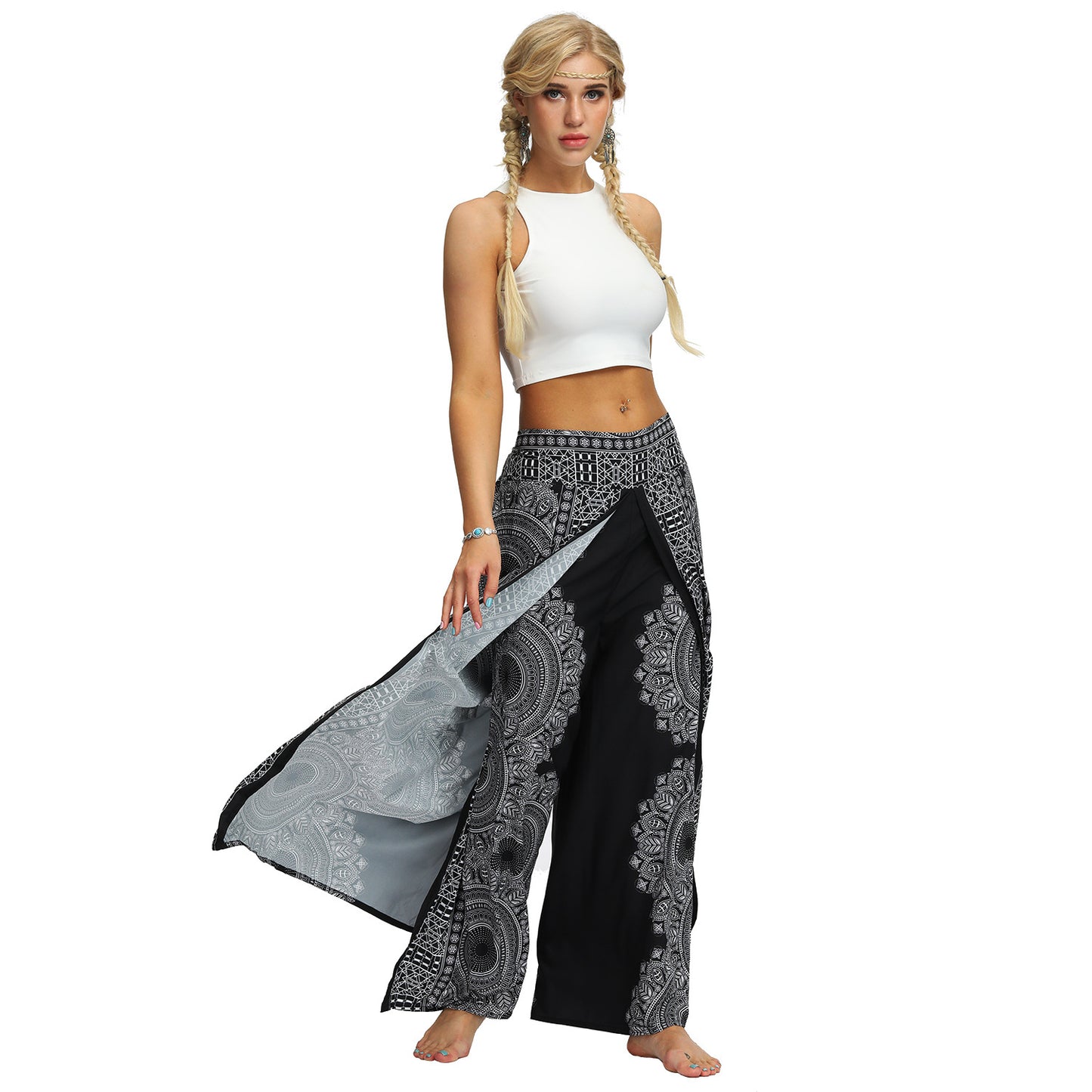 Breathable Print Loose Slit Wide Leg Pants