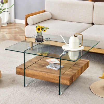 Two Tier Square Coffee Table - Clear Glass And Black Marble Pattern