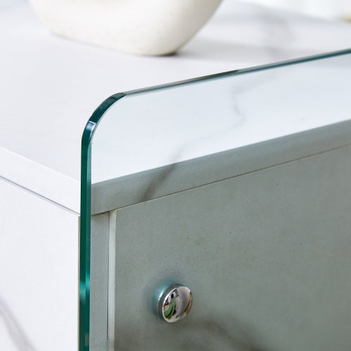 Bedside Table With Drawers. Marble Print MDF Sticker with Transparent Tempered Glass