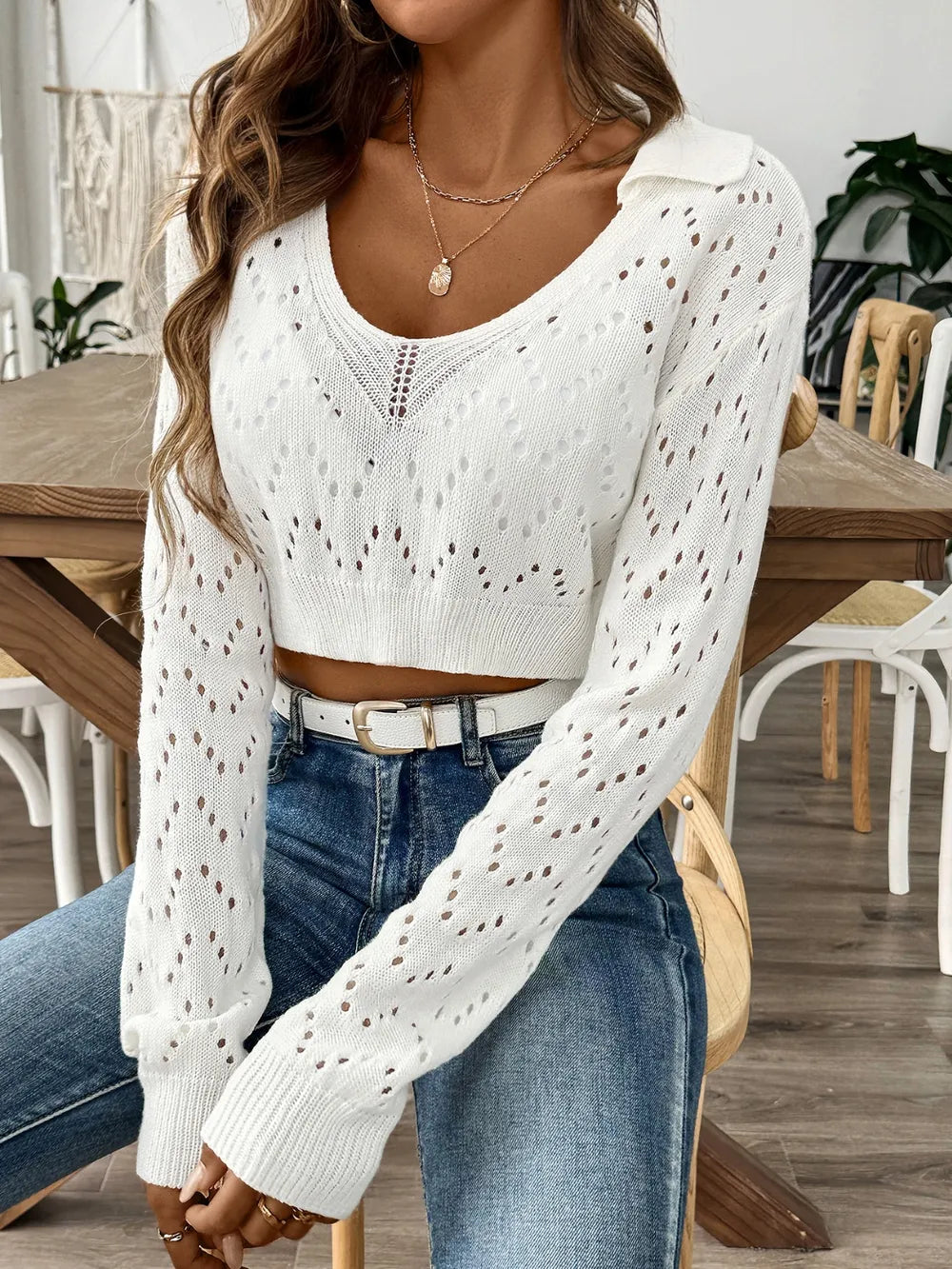 Polo Collar Hollowed Crop Top Sweater