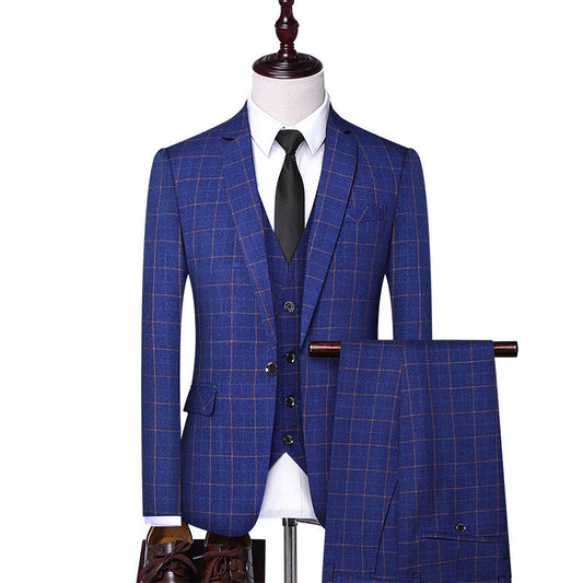 Plaid Single Breast Slim Fit Three-Piece Suit