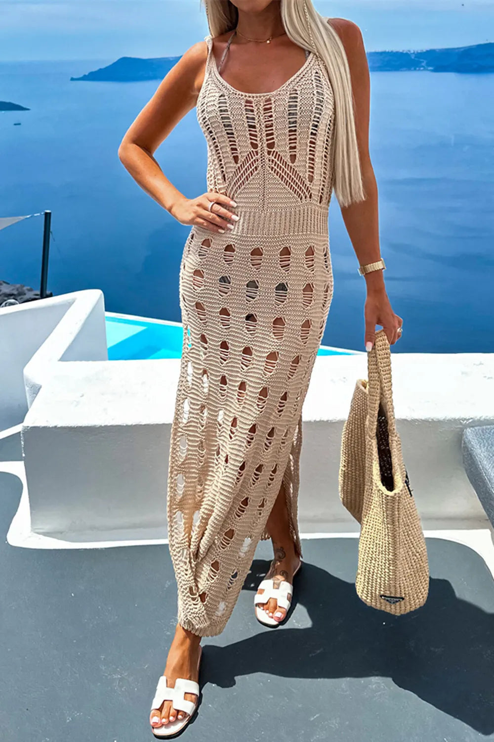 Openwork Slit Scoop Neck Bikini Cover Up