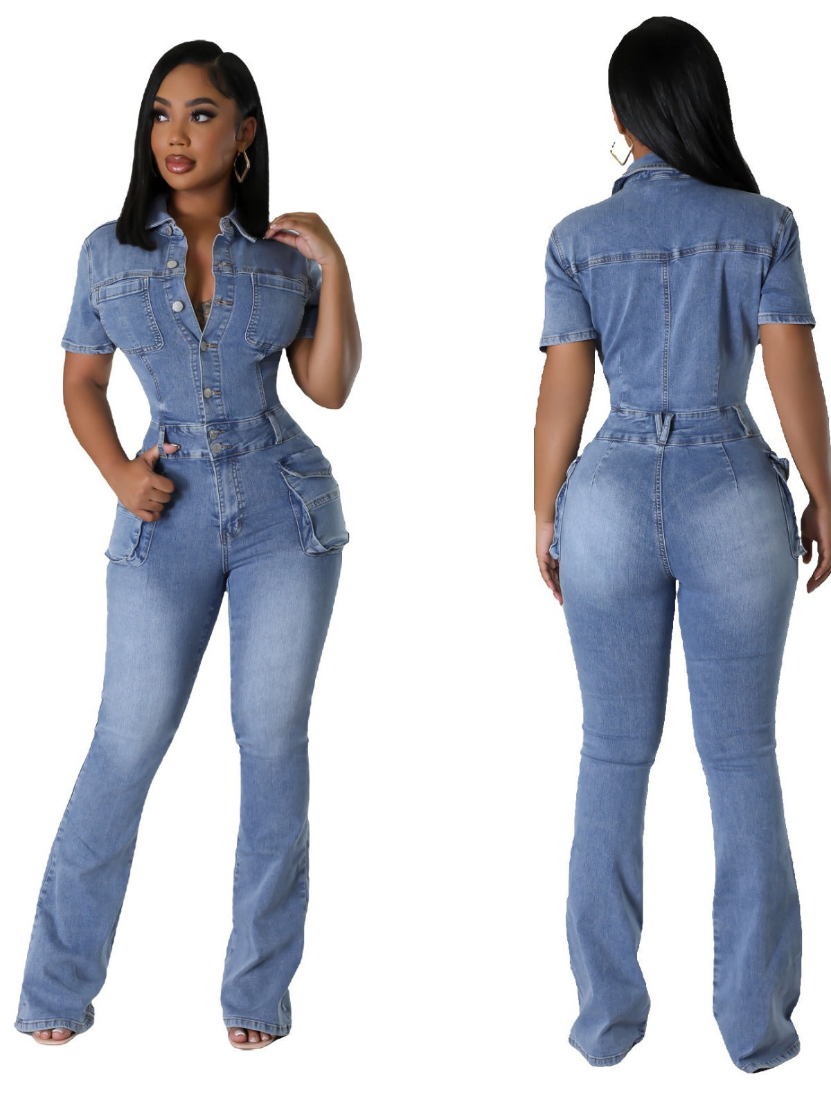 Tight Waist Slim Fit Elastic Washed Denim Jumpsuit