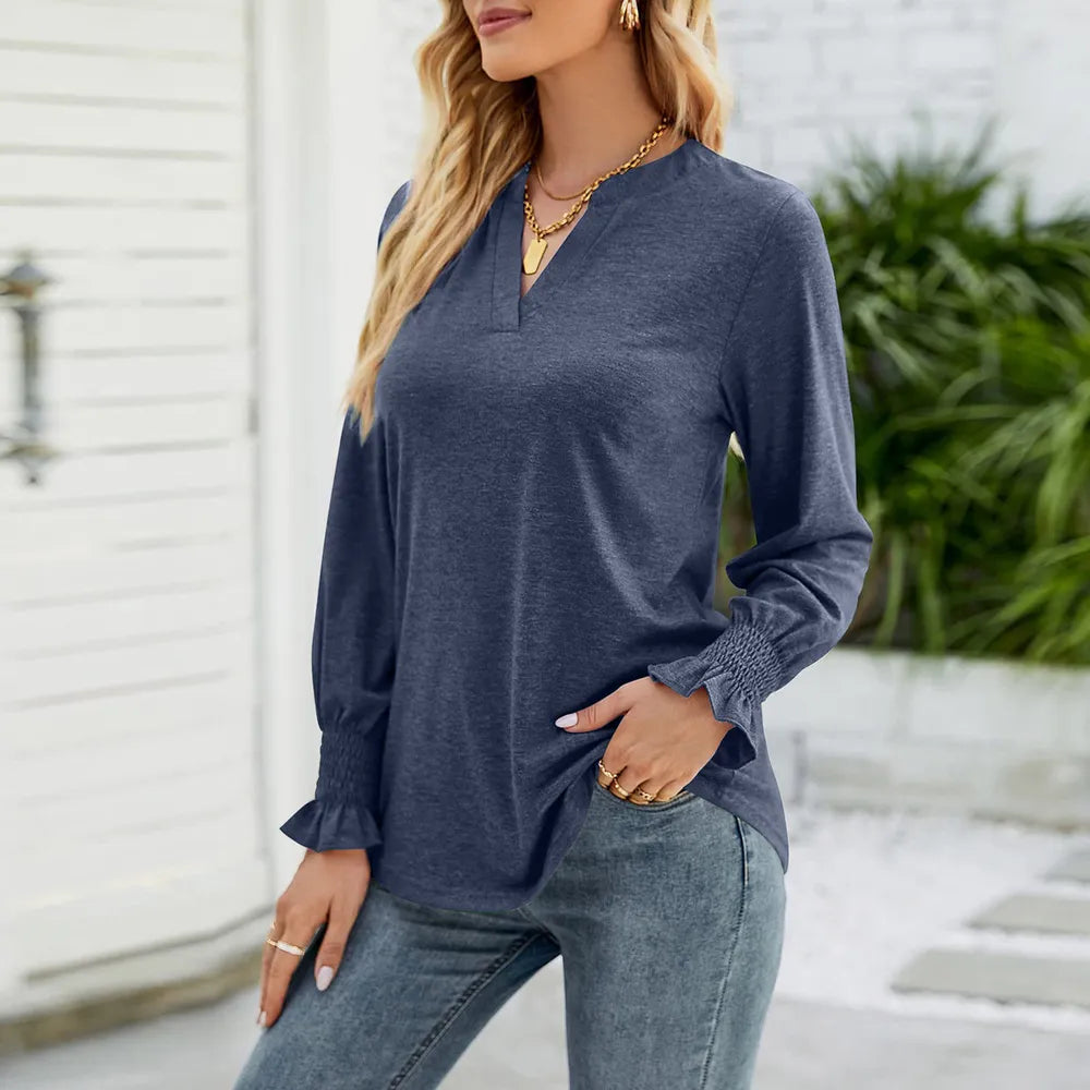 Notched Long Sleeve Blouse