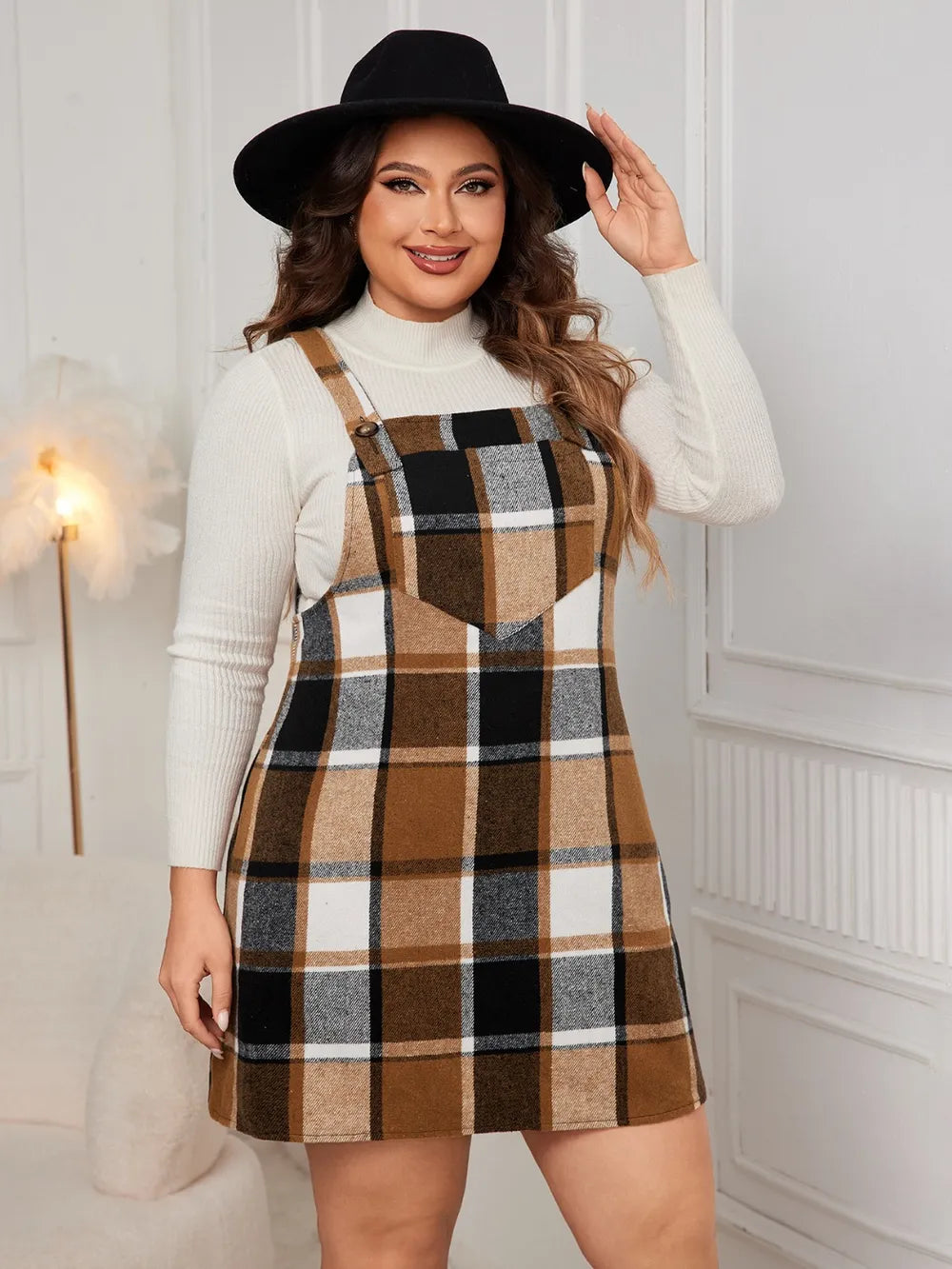 Plaid Wide Strap Overall Dress - Plus Size