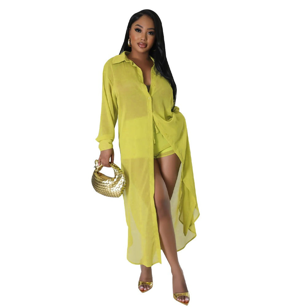 Chiffon Long Shirt Shorts Two Piece Set