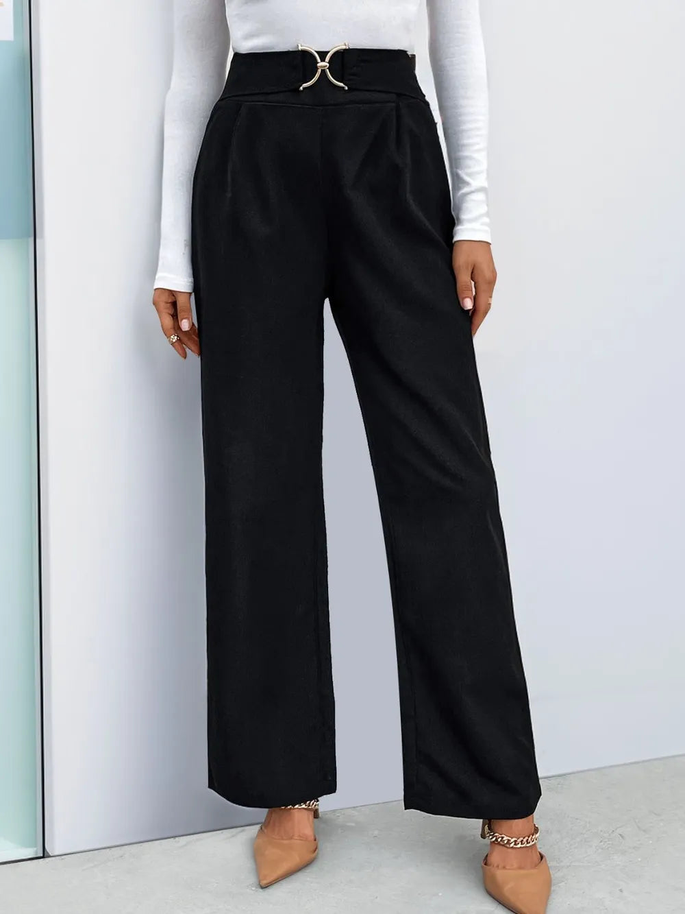 Buckle High Waisted Straight Leg Pants