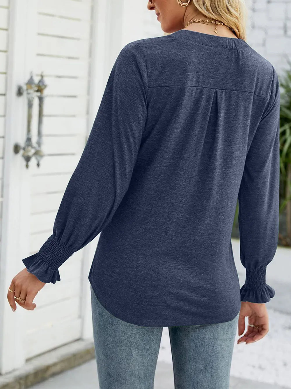 Notched Long Sleeve Blouse