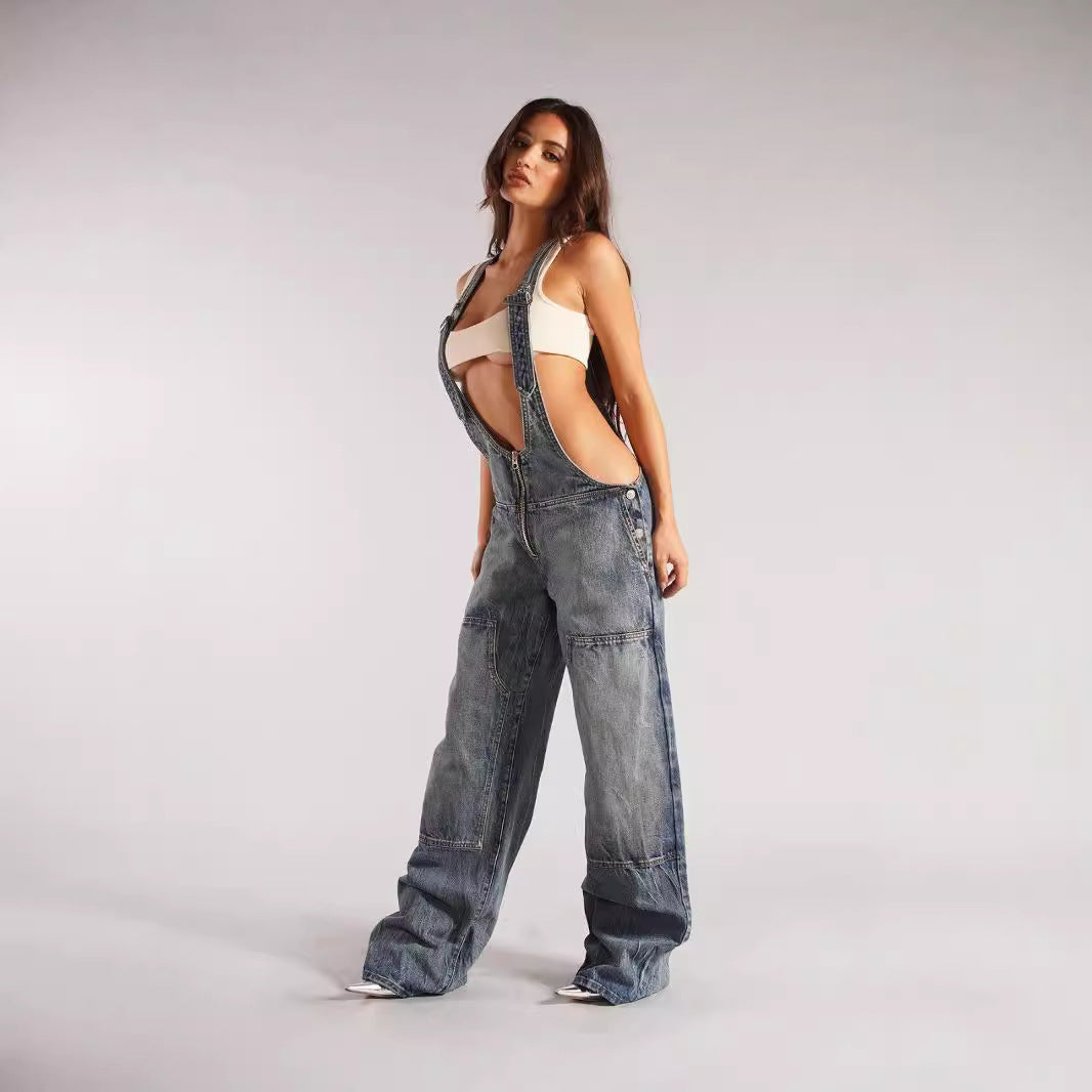 Zipper Front Denim Overalls