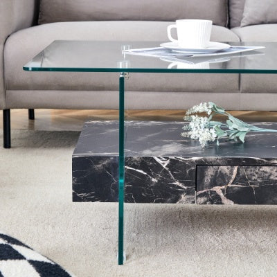 Two-Tier Coffee Table - Clear Tempered Glass And Black Marble Texture