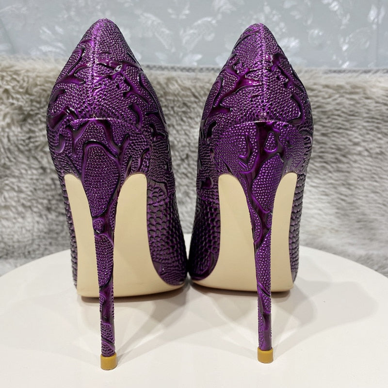 Tikicup Purple Embossed Crocodile Pointy Toe High Heels