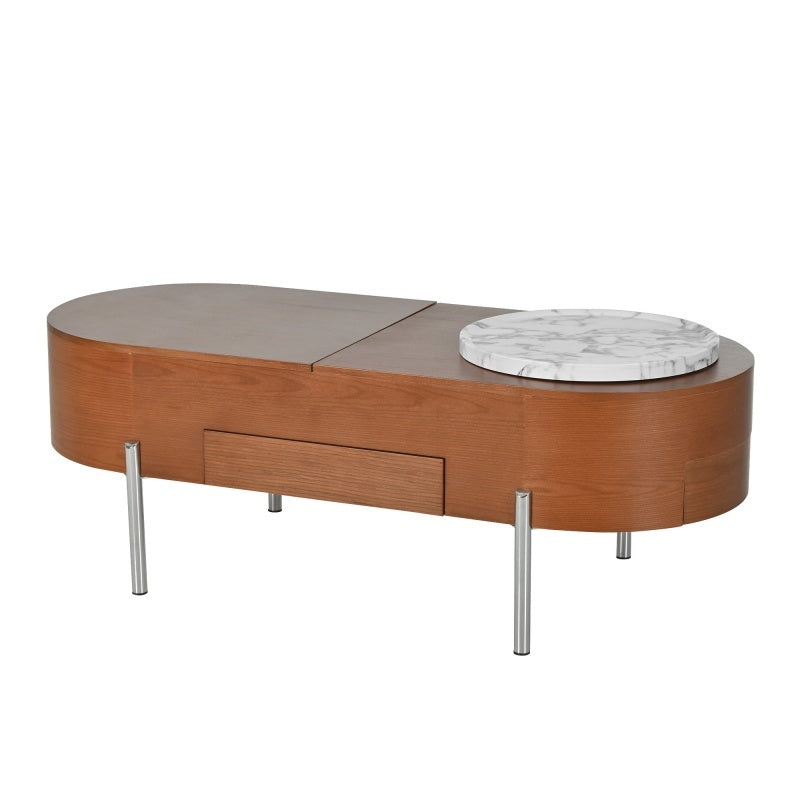 47.2-inch Lift Coffee Table With 360 Degree Marble Patterned Rotating Tray with Modern Oval Lift Tabletop