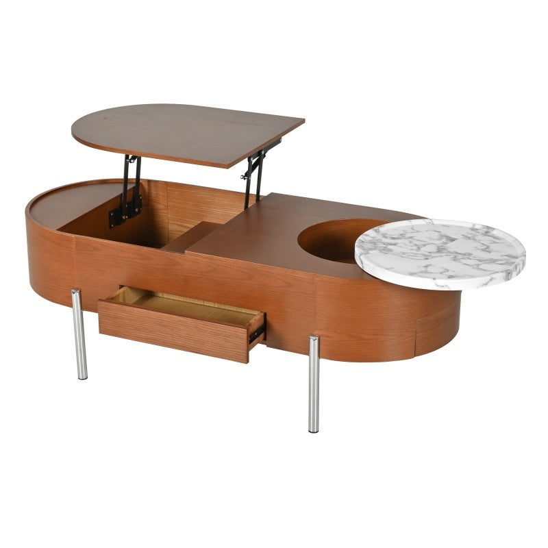 47.2-inch Lift Coffee Table With 360 Degree Marble Patterned Rotating Tray with Modern Oval Lift Tabletop